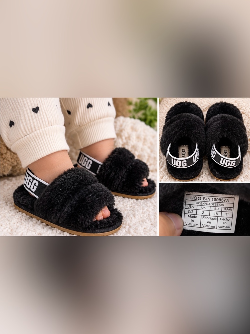 UGG Kids Black Plush Fleece Slide Sandals with Branded Heel Strap(6/12 months)